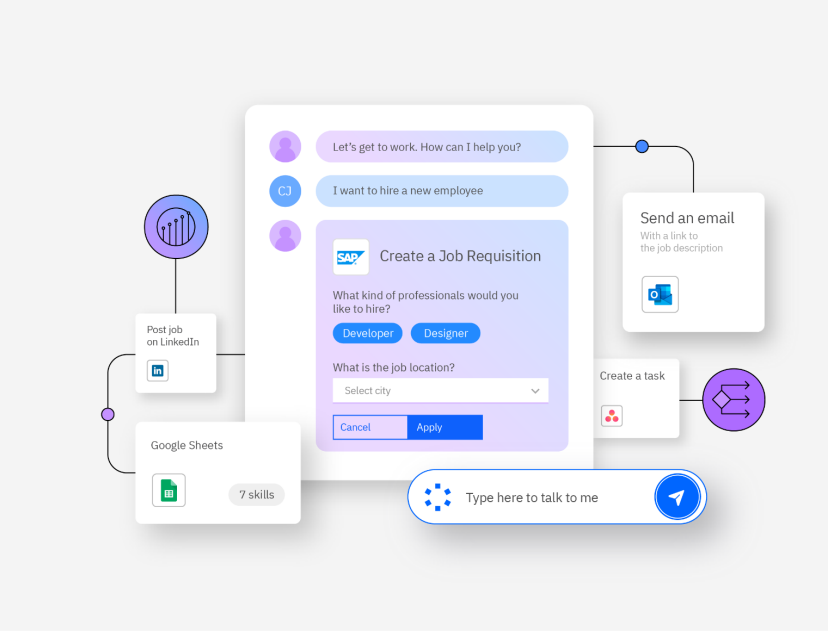 Several bubbles of various tasks connected together through AI automation in watsonx Orchestrate.